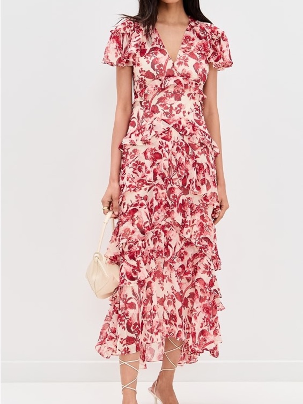 NWT cinq a sept Pink Floral Ruffle Midi Dress